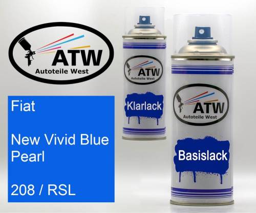 Fiat, New Vivid Blue Pearl, 208 / RSL: 400ml Sprühdose + 400ml Klarlack - Set, von ATW Autoteile West.